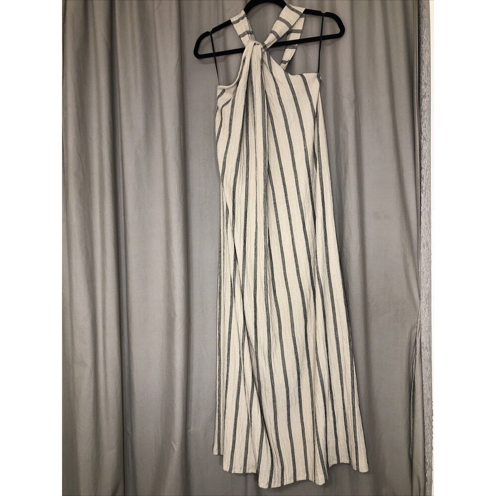 H&M  Dress Womens Med Maxi Halter Tie Shift Tan Black Striped Casual Stretch